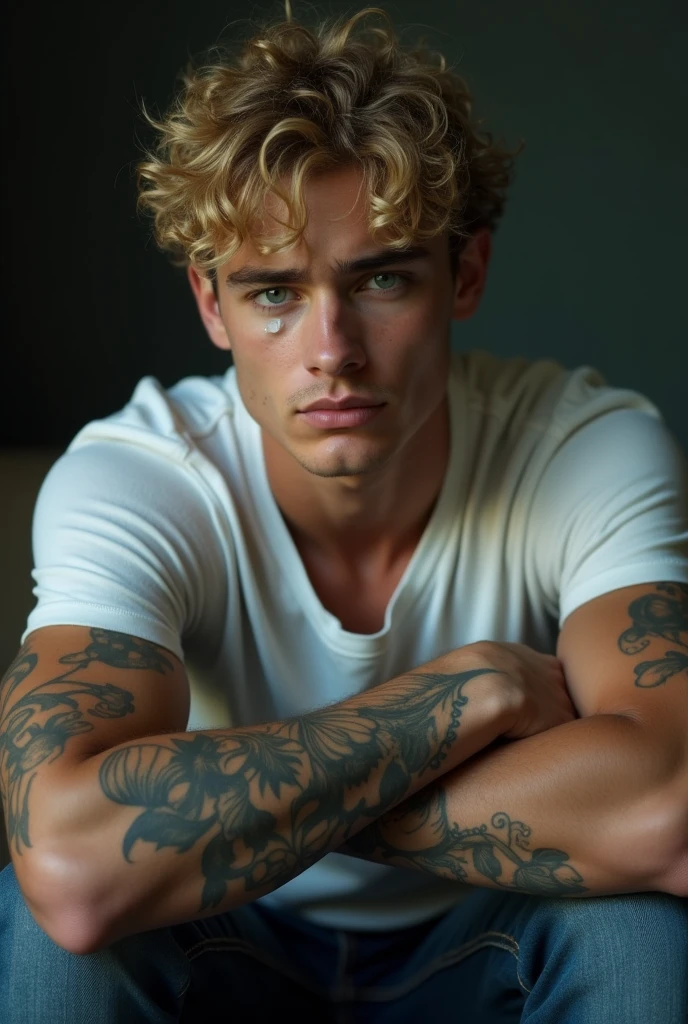 A young and handsome man of 20 years old, with curly blonde hair and green eyes that convey sadness. his face is attractive, Without beard, but with some marks that suggest it has been through difficult times. A crystal tear shines on her cheek. He is sitting on a sofa in a dark and neutral environment, with elbows resting on knees. He is wearing a white shirt that highlights his athletic figure and worn mechanic's pants.. Both of his arms are covered in tattoos., which adds an artistic touch to its appearance. The expression on his face reflects melancholy., creating an introspective atmosphere.
