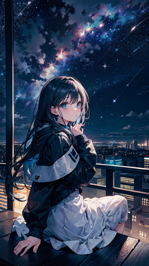 octane, sky, Star (sky), scenery, Starry sky, Night, 1girll, Night sky, Solo, Outdoors, Building, Cloud, Milky Way, Sitting, tree, Long hair, City, Silhouette, Cityscape, Looking Up The Sky, 8K, Beautiful night sky, Ray tracing, Masterpiece, Cute face