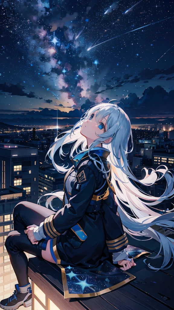 octane, sky, Star (sky), scenery, Starry sky, Night, 1girll, Night sky, Solo, Outdoors, Building, Cloud, Milky Way, Sitting, tree, Long hair, City, Silhouette, Cityscape, Looking Up The Sky, 8K, Beautiful night sky, Ray tracing, Masterpiece, Cute face