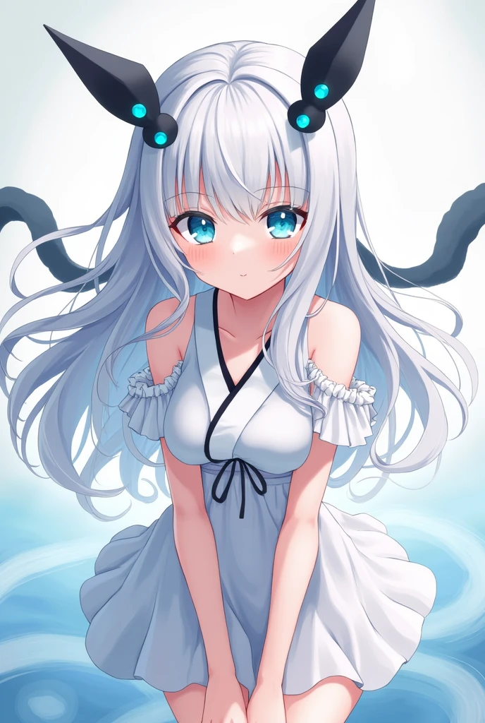 A Japanese anime style girl with long white hair,M-shaped bangs,There are two black head ornaments on the top of her head that resemble upward arrows.,There is a blue round bead in the middle of each arrow.,Has blue eyes,Wearing a short white dress