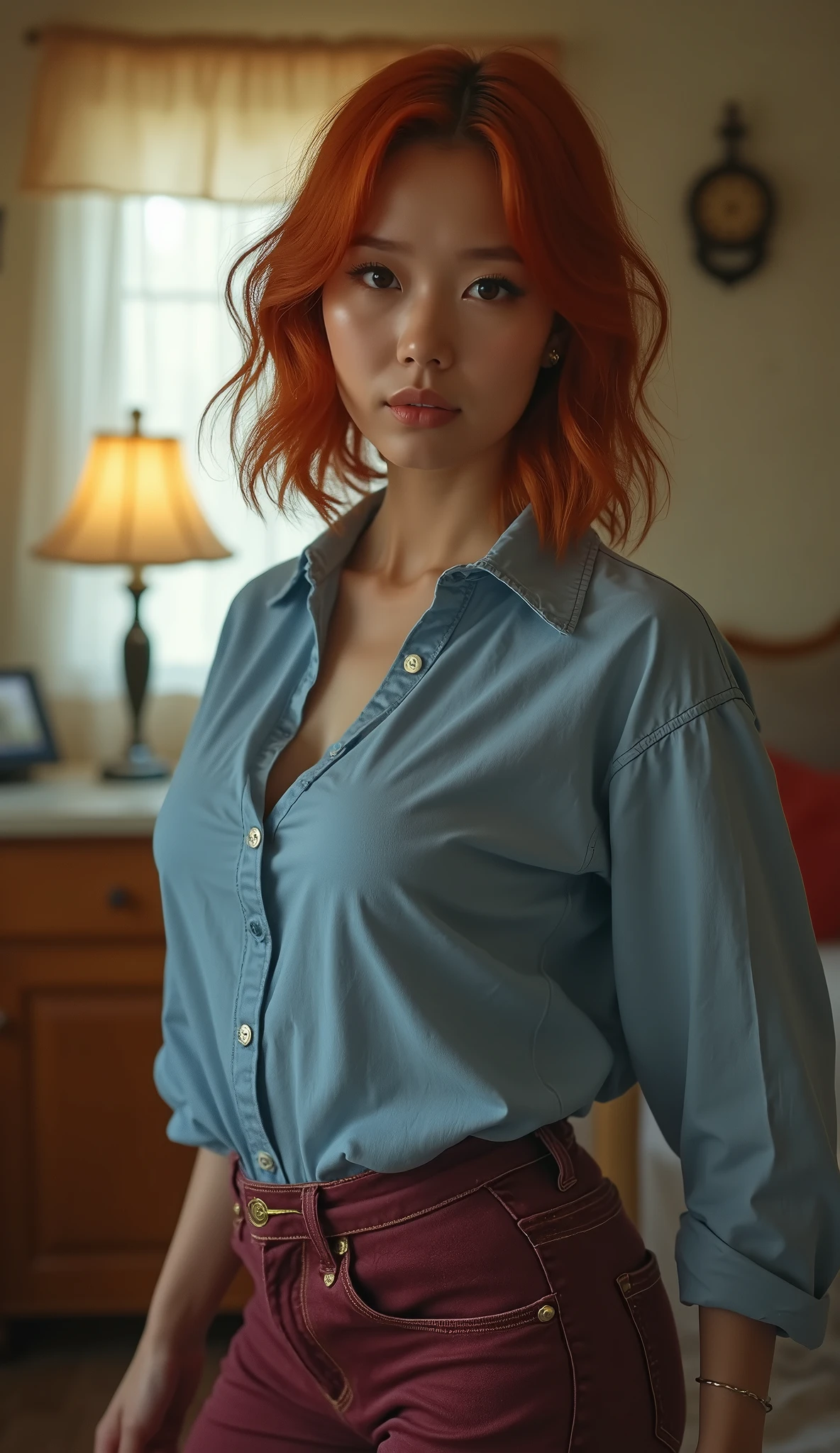 (best quality,4k,8k,highres,masterpiece:1.2),ultra-detailed, 1woman, Japanese woman, gyaru, five foot five inches tall, 42 years of age, ginger colored hair, mole by her left eye, blue button up blouse, maroon jeans, large swollen breasts, wide hips, dancing around mid-western suburban american house, seductive pose, smiling lustfully, looking at viewer lovingly, ((intricate detail)),(((realism))), HDR, 8k, absurdres, cinestill 800, sharp focus, add_detail:2, (solo, woman)