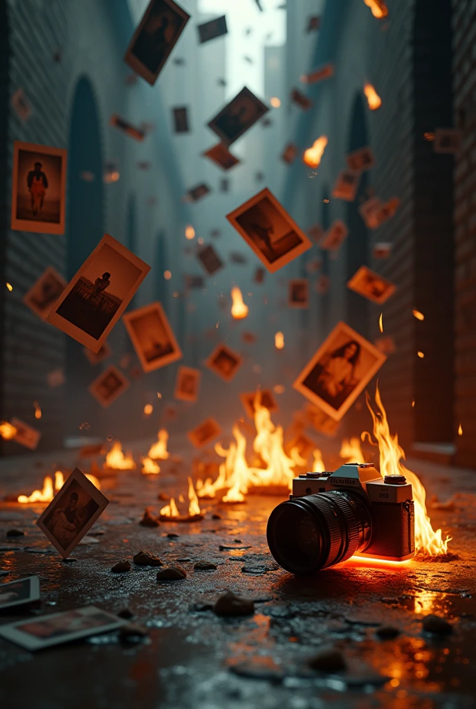 Generates an image of photographs falling to the floor while on fire with a camera with a broken lens on the floor