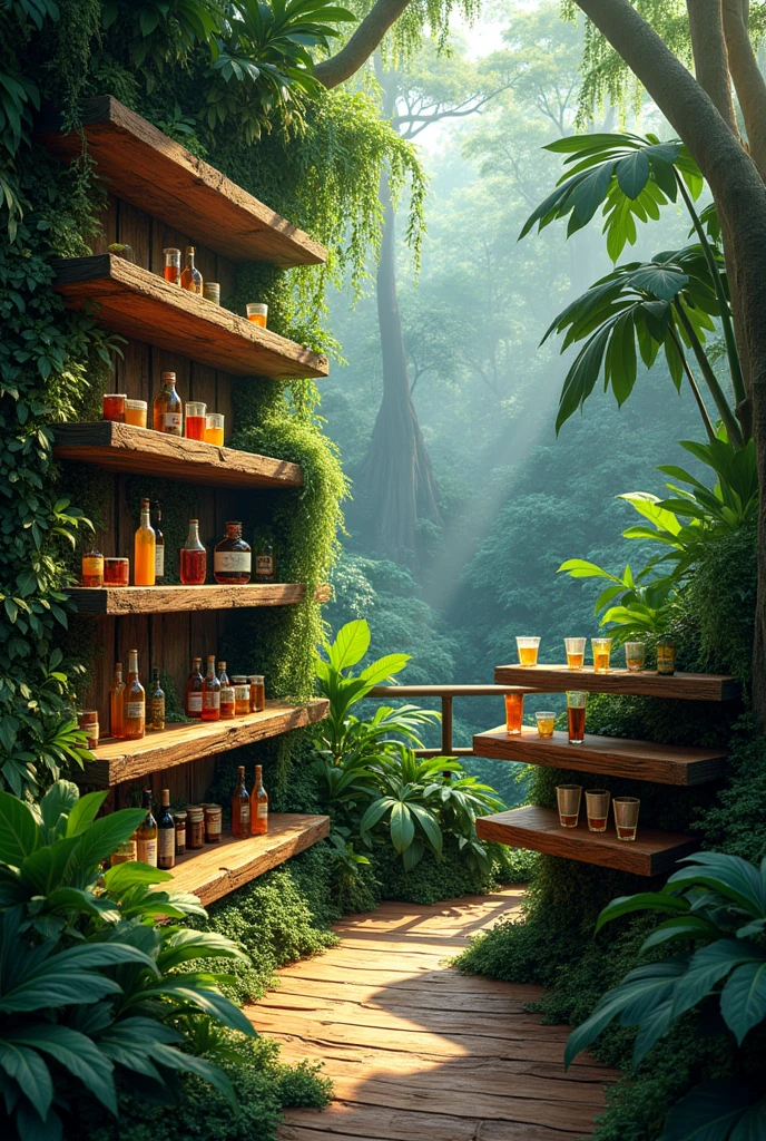 Jungle background with several shelves to place drinks 