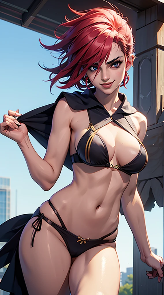 Vi from arcane, smiling, wearing a transparent bikini

(masterpiece, best quality, shiny skin), (ultra detailed skin, high resolution, perfect breasts)