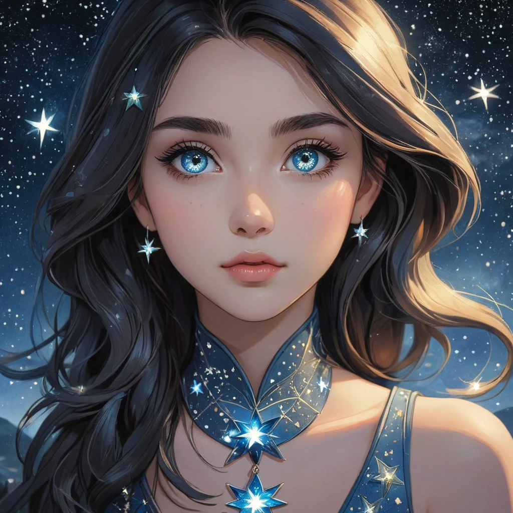 The eyes of a beautiful girl reflect the stars, creating a feeling, that they beckon to themselves.