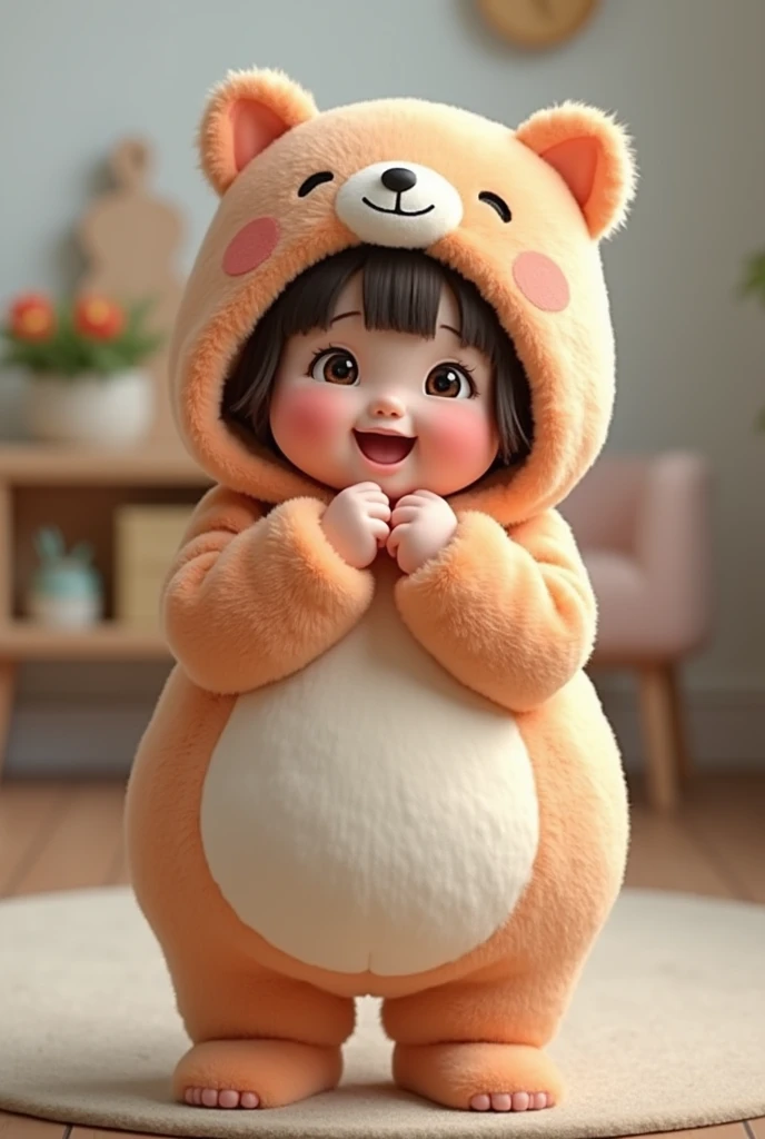 (girl),(()) ,3d images ,Highest quality 8K ,Chubby body shape,((Very fat)),Pink cheeks,podgy,Good mood,((Greetings)),((Put your hands together)),((Open your eyes.)),Put on a stuffed animal costume,Balanced lighting,blurred background,Middle of the picture