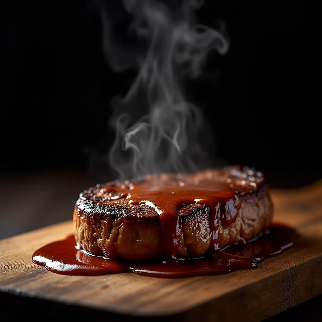 Steak recipe clean picture realistic food, steaming hot, peppercorn sauce on top of the steak and dripping off the side of the steak, on rustic wood floor, placed on a dark background, medium contrast
