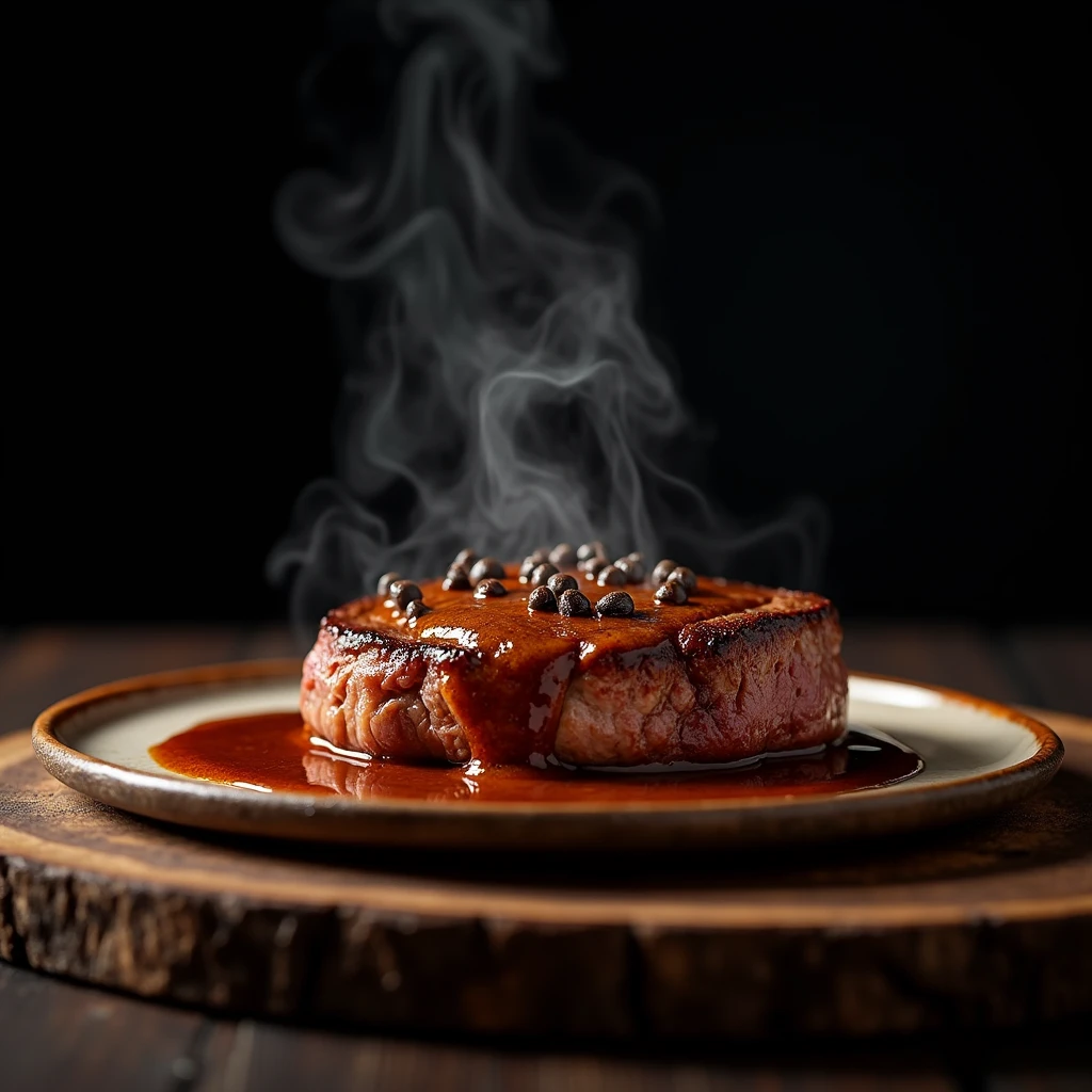 Steak recipe clean picture realistic food, steaming hot, peppercorn sauce on top of the steak and dripping off the side of the steak, on rustic wood floor, placed on a dark background, medium contrast