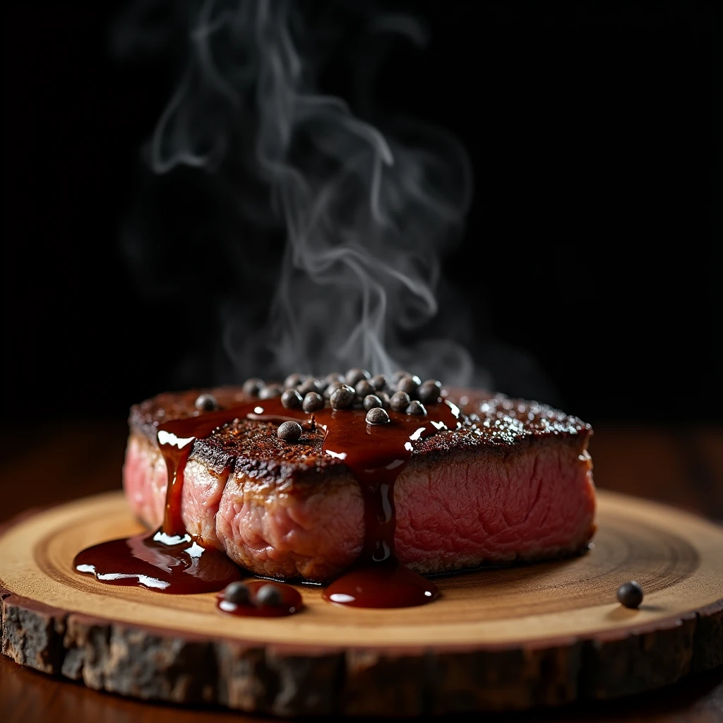 Steak recipe clean picture realistic food, steaming hot, peppercorn sauce on top of the steak and dripping off the side of the steak, on rustic wood floor, placed on a dark background, medium contrast