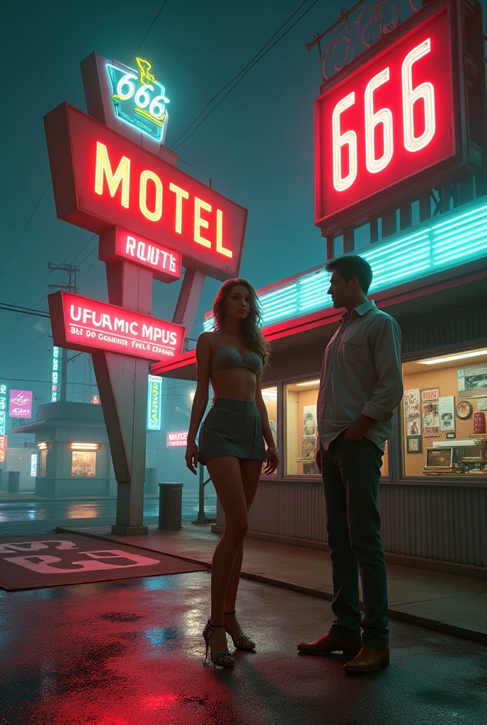 ((masterpiece, highest quality, Highest image quality, High resolution, photorealistic, Raw photo, 8K)), arafed view of a motel with a car parked in front of it, with neon signs, A woman waiting for a guest in front of a motel, seduction, short dress with exposed breasts and high heels, Open your legs and roll up your skirt, route 6 6, neon signs, 1 9 5 0 s americana tourism, some have neon signs, neon lights outside, neon advertisements, gigantic neon signs, neon shops, by Arnie Swekel, few neon signs, neon signs in background,