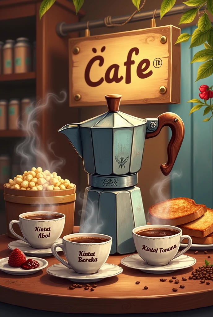A shope sign named Kintat Coffee. With a Moccapot brew coffee on to a three cups. Each cup has a name printed on it says Kintat-Abol Kintat-Bereka and Kintat-Tonana. With full of coffee steam in the air. Toasted bread and jam spread on it. Popcorn with box at the back. And a sign at the bottom that says Enjoy your Coffee