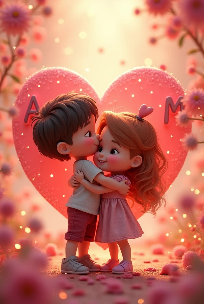 Create an 3d image with a heart in front and letter ‘A, M’ written in it in capital bold with spark and fill the background with love theme and mention a boy hugging a girl.