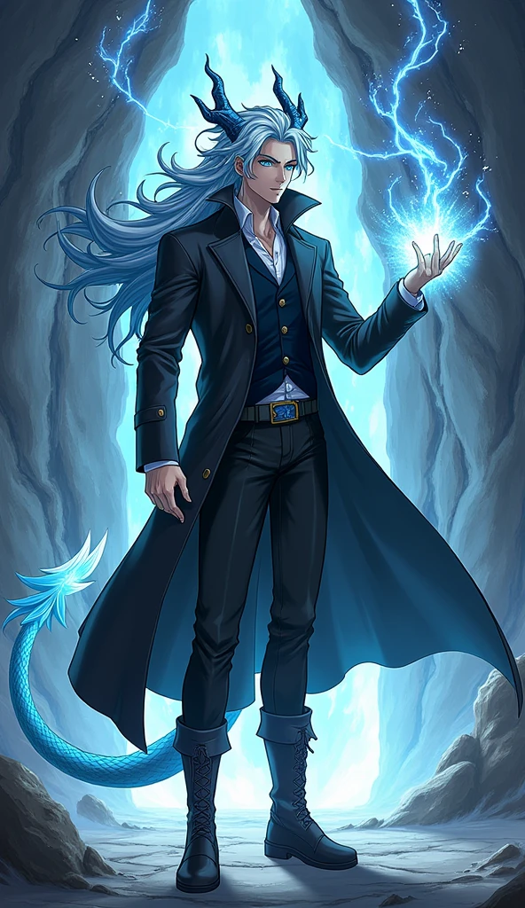 1 male, anime art, a young man, Long hair, blue and white hair, wearing a black Coat with Leather boots, Dragon Horns, Dragon tail, Dragon Wings, Aquamarine Eyes, with a Silver and black magic aura, and the power of space on his hand while the space behind him is cracked and blurry. 