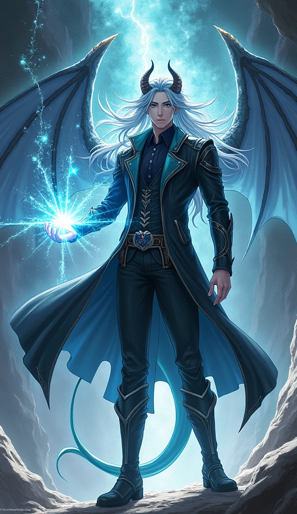 1 male, anime art, a young man, Long hair, blue and white hair, wearing a black Coat with Leather boots, Dragon Horns, Dragon tail, Dragon Wings, Aquamarine Eyes, with a Silver and black magic aura, and the power of space on his hand while the space behind him is cracked and blurry. 