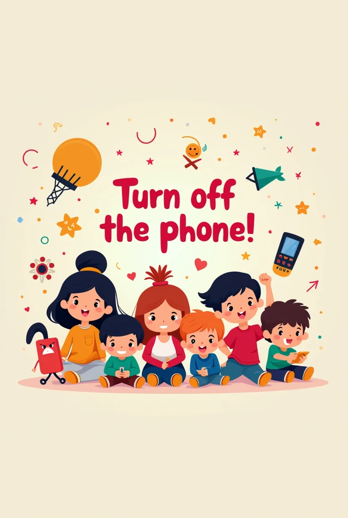 Let's create a cover photo for Facebook called "This page was created to remind everyone to turn off their phones and do something new." 820×312px. Photos suitable for GenZ, interesting, attractive, simple. The main text is "Turn off the phone". chibi