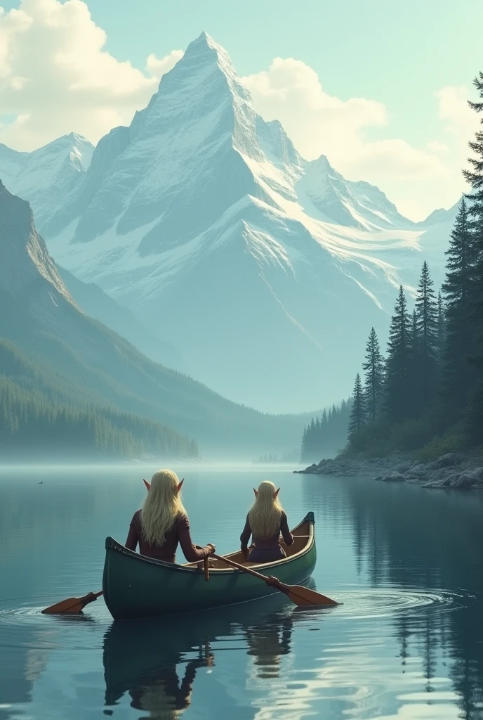 In a mountainous landscape, in a canoe on a lake, there are two elves, blondes who remember towards the bottom of the picture.