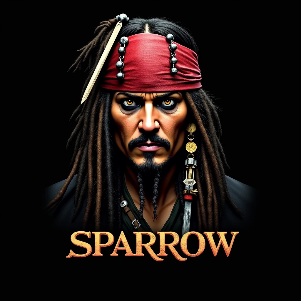 The face of Jank Sparrow, a pirates of the caribbean movie character. Below the face, there are big letters as sparrow, the letters are bold. The background is black.