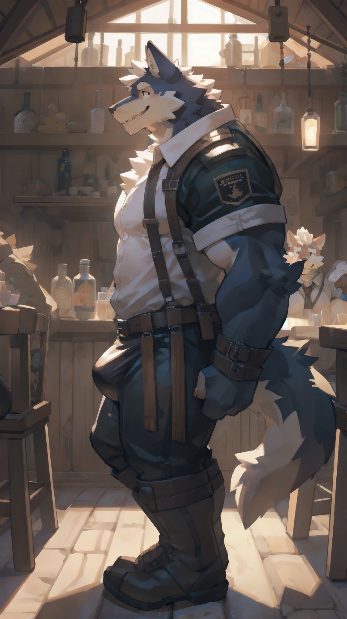 Solo, male, talking at tavern, bulge, by bigcozyorca, by goonie-san, by bebebebebe, by spikedmauler, side view, big buff , wolf tyrannosaurus hybrid,  black fur, black fur, bushy tail, buff, wearing brown fantasy leather armor, tall, masculine,  bulge, sexy, playful, joyful expression 