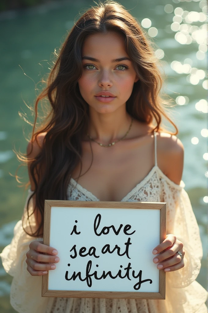 Beautiful girl with wavy long hair, bohemian dress, holding a white board with text "I Love Seaart Infinity" and showing it to the viewer