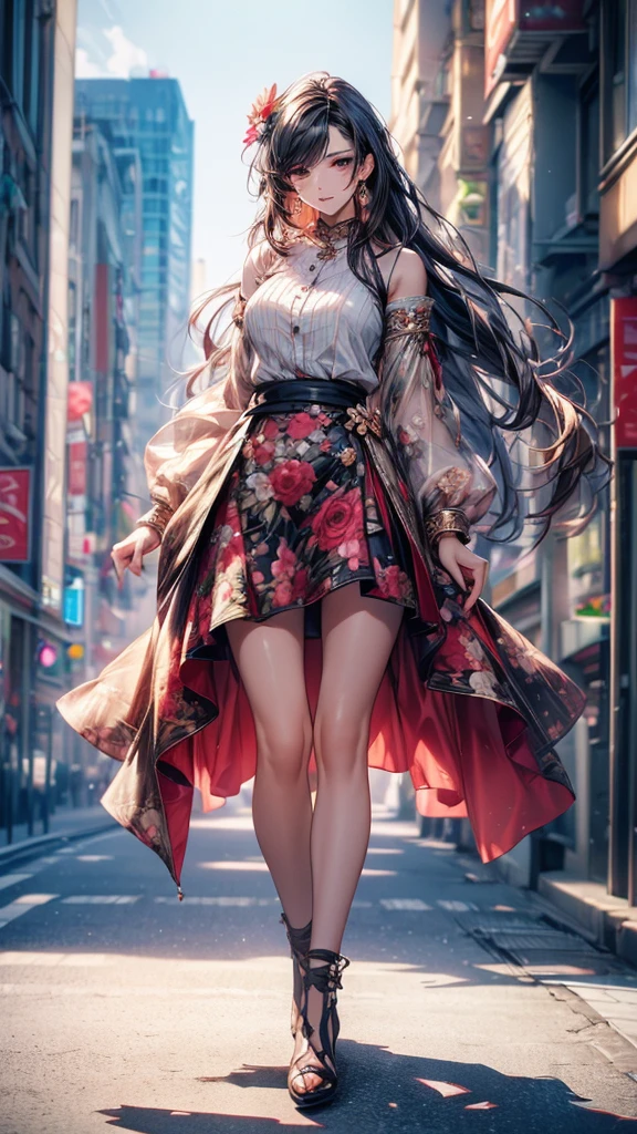 ((Highest quality, 8k, masterpiece: 1.3)), 1 girl, Slim Beauty: 1.3, (Long Hair: 1.2), Floral Skirt, Long legs: 1.1, Super delicate face, Beautiful Eyes, double eyelid, Outdoor, Octane Rendering
