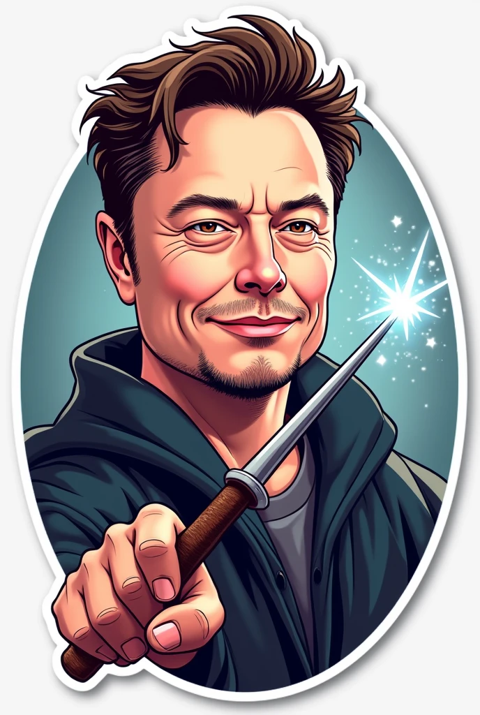 Vector image sticker art of Elon Musk face as a wizard with magic wand cartoonistic realistic 