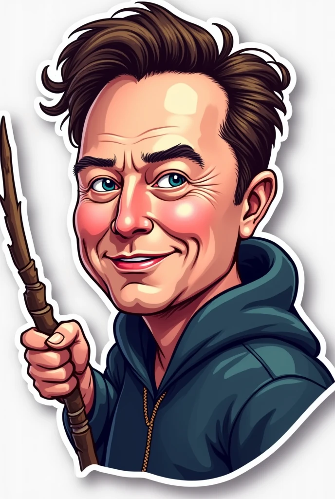 Vector image sticker art of Elon Musk face as a wizard with magic wand cartoonistic realistic 