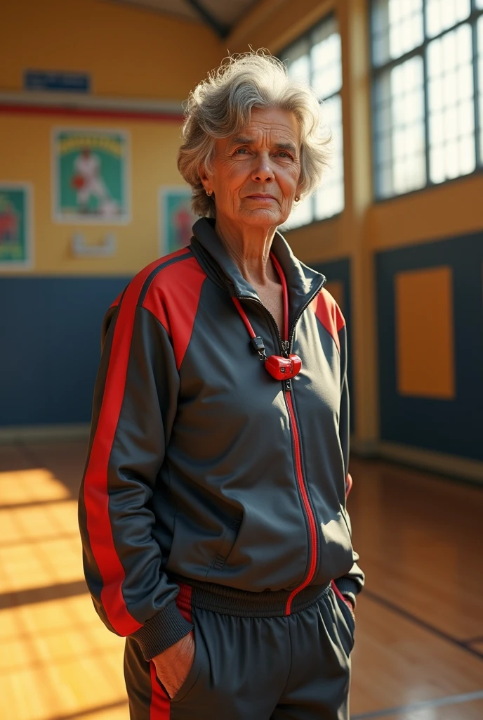 A weathered, middle-aged PE teacher with salt-and-pepper hair and laugh lines, standing confidently in a sun-drenched gymnasium. Hyper-realistic details capture sweat beads, worn whistle, and polyester tracksuit. Nostalgic 80s posters line walls, evoking determination and perseverance in sports education.