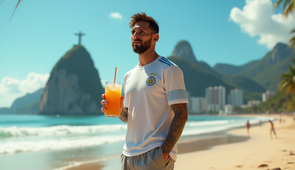 lionel messi, casual outfit, drinking coconut water at beach in rio de janeiro, cristo redentor background, tattoos