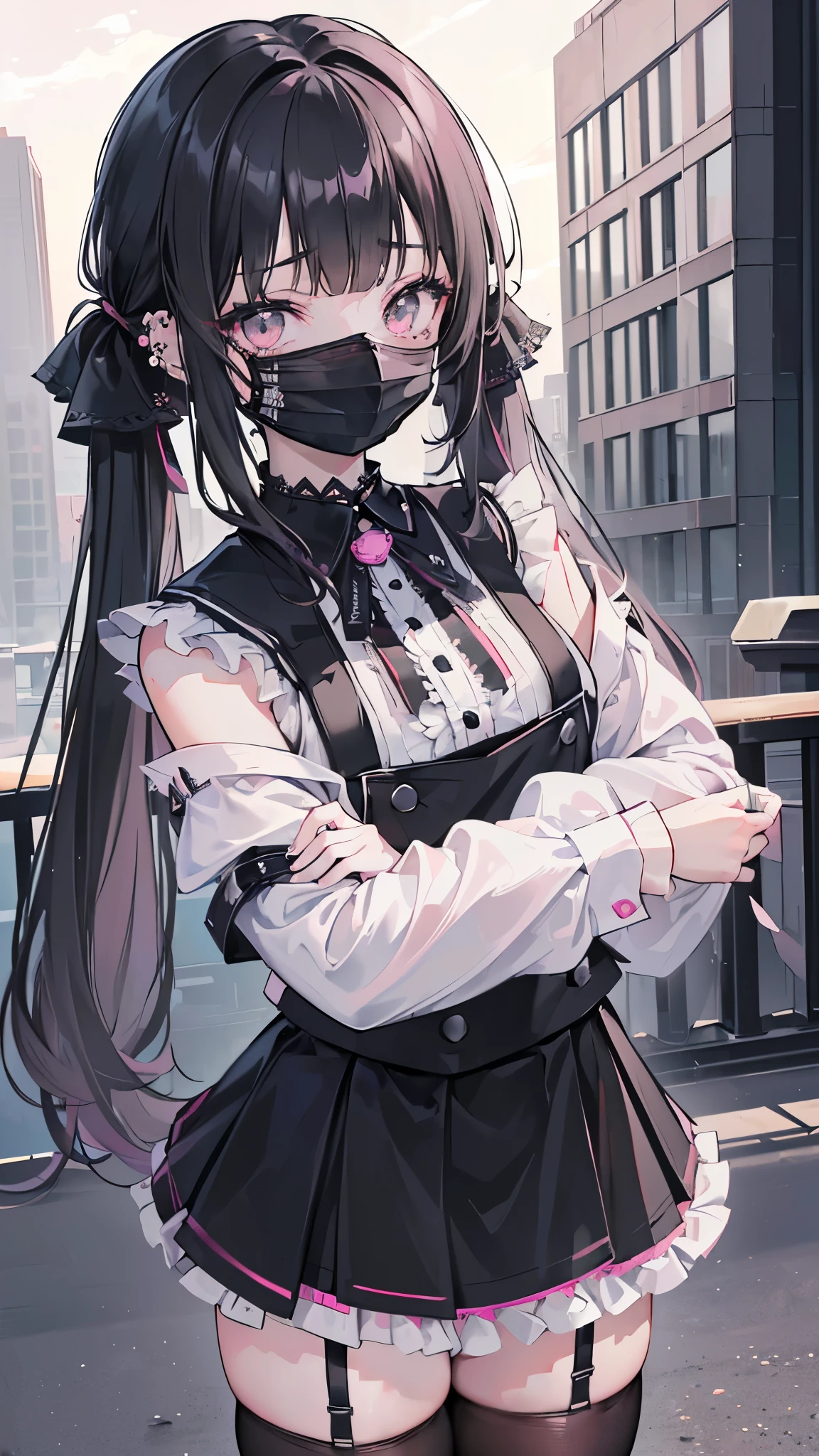 ((masterpiece、Highest quality、Very detailed))、One girl、Black Hair、Long Hair、twintails、blunt bangs、Grey Eyes、((Black surgical mask))、((lots of piercing))、Moderate breasts、((Pink blouse:1.3))、Black Ribbon、((Off the shoulder))、((Black suspender skirt))、((miniskirt))、((black pantyhose))、Cowboy Shot、((night))、Downtown background