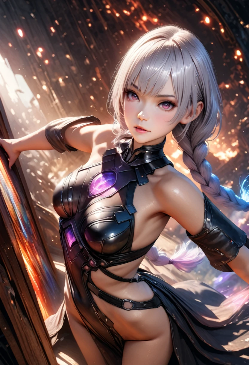 ((masterpiece, Highest quality, Best image quality, High resolution, Realistic, RAW Photos, 8k)), ((Highly detailed CG synthesis 8k wallpaper)), (Huge and stunning goddess shot, Very hot and sexy, Incredible beauty, Perfect Proportions, Beautiful body, Slim body beauty:1.1), Mysterious Girl, 2 Girls, Long silver hair, Two braids, Dynamic pose with big eyes staring into the camera.