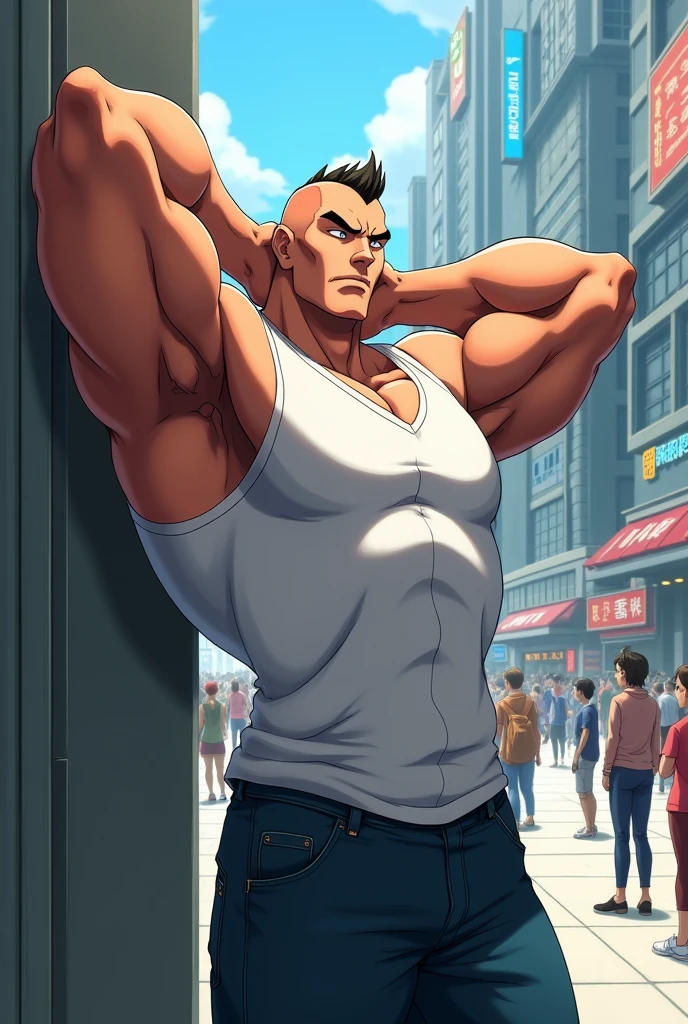 ((Arte estilo de anime)), extremely muscular male character., bodybuilder body, wearing a sleeveless V-neck shirt, hands raised to neck height, The character is leaning against a wall.. Pockets, futuristic city scape, Busy route, buildings, person HOW & Vehicles. anime main character., Legal photo, Hard disk, 4K, Main character leaning against the wall with his hands at face level.. character with shaved hair, with thinning hair, hands in pockets and no shirt