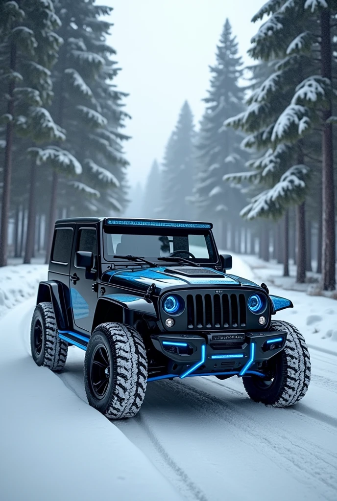 Mahindra Thar cyber body kit
blue and black in winter road along with trees