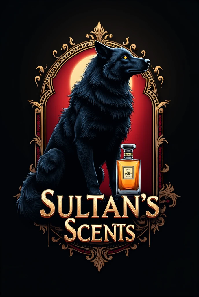A logo for a perfumery to be called Sultan's Scents uses the image of a black wolf ,a bottle of perfume and uses the name of the Alexander