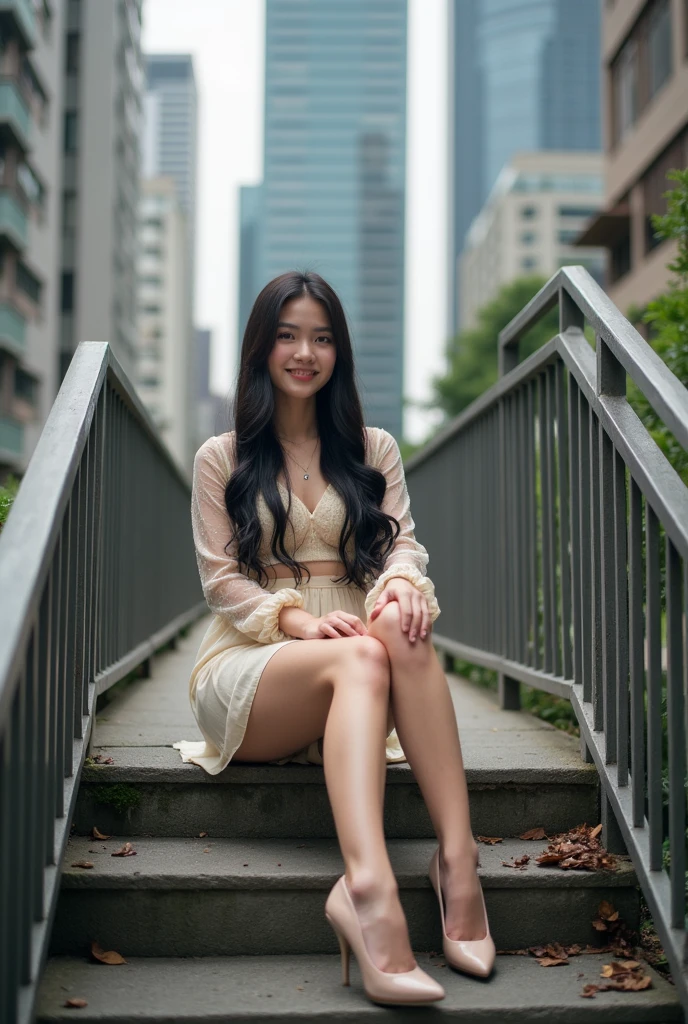 A beautiful asian and young girl.Her facial features are exquisite and fully conform to the golden ratio of human anatomy...Her long,straight long black hair, Big breasts, huge chest, fat body, beautiful scenery, big breasts, big, big , busty , big breast, big , wearing a sexy sheer blouse long sleeves top, skirt, sexy pose , big breasts , big breasts, huge , full body shot, thick body, stairs, stilettos heels, laying back sitting on stairs, beautiful smile , tall buildings