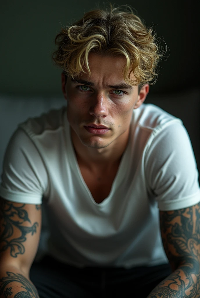 A young and handsome man of 20 years old, with curly blonde hair and green eyes that convey sadness. his face is attractive, Without beard, but with some marks that suggest it has been through difficult times. A CRYSTAL TEAR shines on her cheek. He is sitting on a sofa in a dark and neutral environment, with elbows resting on knees. He is wearing a white shirt that highlights his athletic figure and worn mechanic's pants.. Both of his arms are covered in tattoos., which adds an artistic touch to its appearance. The expression on his face reflects melancholy., creating an introspective atmosphere.
