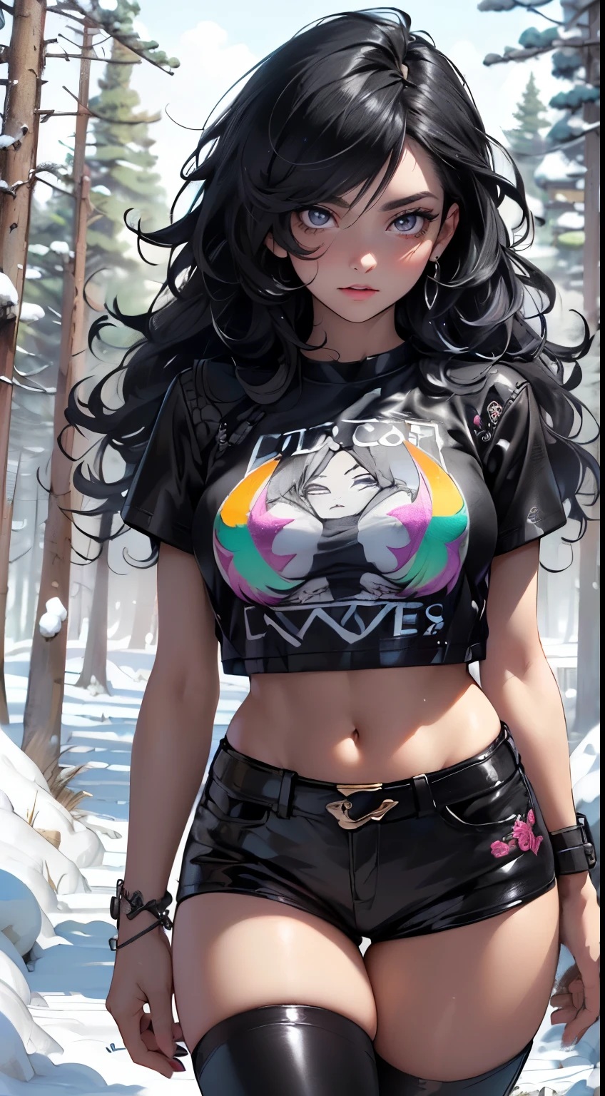 gothic girl,1 girl,((extremely adorable and beautiful black haired anime gothic girl)),((())),(big boobs:1.2),((((black wavy hair:1.35,absurdly long unkempt hair,tousled hair,colored inner hair,Ohratmung)))),((Heterochromie:1.5, (Purple_eye and red_eye))),complicated eyes,beautiful detailed eyes,symmetrical eyes,Big eyes:1.5,((fat)),(((shiny skin:1.5,light skin: 1.5,Skin tanned,shiny skin,very shiny skin,shiny body,Plastic glitter skin,exaggerated shiny skin,glowing skin))),(Spider abdomen,Slender waist,wide hips,athletic body,pumped up legs,detailed body,(detailed face)),
adorable,slutty,seductive,erotic,(Not suitable for work),
provocative clothing,Show skin,((((printed t-shirt:1.3),black short leather jacket:1.3))),((black leather pants,)),((underpants strap)),((underboob:1.2)),(((black eyeshadow,thick black eyeliner,long, dramatic eyelashes,black lips,Accessories for the search term: "Gothic",complicated makeup))),(((complicated outfit,complicated clothes,embroidered outfit,decorated outfit,embroidered clothing,ornate clothes))),
(dynamic pose:1.0),ashamed,(centered,Adjust to dimensions,Rule of thirds),
((snowy pine forest at night)), with dark storm clouds,winter,landscape:1.25,((snow forest background)),Christmas tree,
highres,keen focus,(extremely detail,extremely detail),(photorealistic artwork:1.37),(extremely detail CG unity 8k wallpaper),(((bright colours,lively topic))),(complicated),(masterpiece),(best quality),
