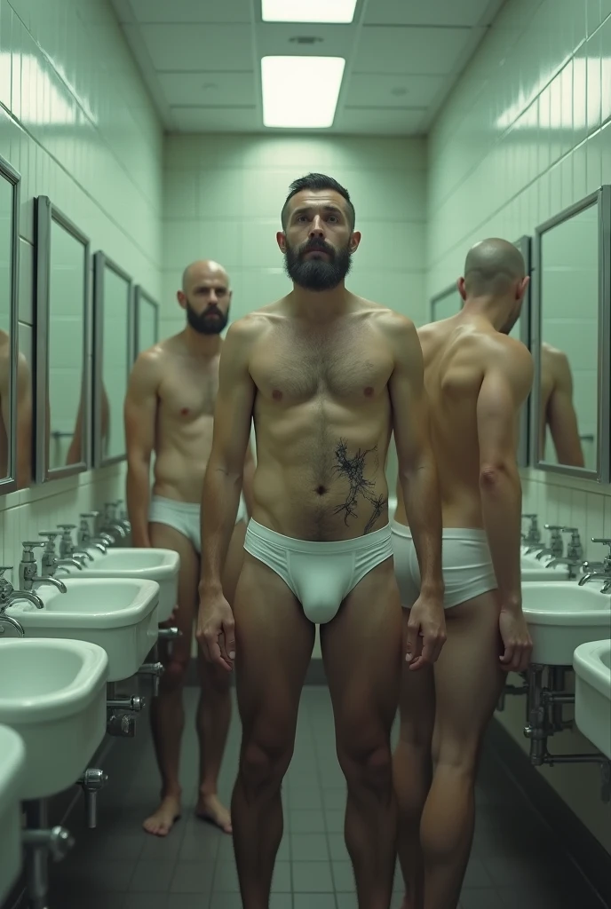 A thin, hairy white man with a trimmed beard in a public bathroom in front of sinks with mirrors, in white underwear, large cockatrice cut on right thigh and belly, two bald white men looking intently and curiously at their scars.