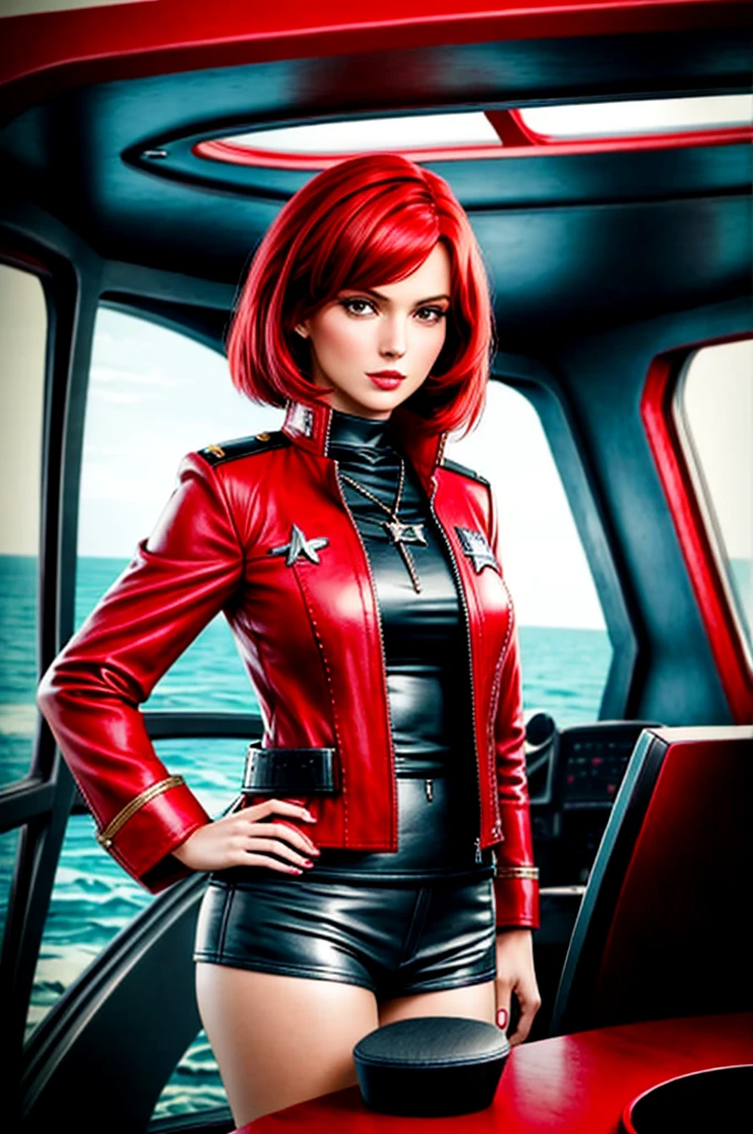 Classic Bob, Ruby Red hair, beautiful woman, starship captain, short jacket, cowboy shot, flirty, military bearing, standing, pirate, on a starship bridge, leather