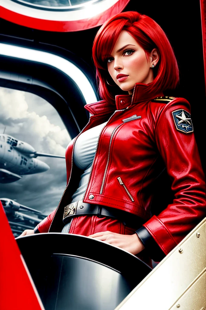 Classic Bob, Ruby Red hair, beautiful woman, starship captain, short jacket, cowboy shot, flirty, military bearing, standing, pirate, on a starship bridge, leather