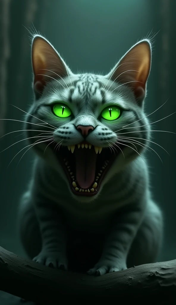 3d、Ultra HD、Front view、Horror、Digital Art、An illustration、The cat's eyes are glowing green、Squinting his eyes and smiling、Mouth open at an angle