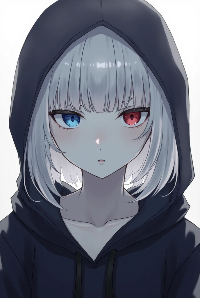 High resolution, Shortcuts, Silver Hair, Odd Eye, Expressionless, Simple Background,  Anime Style, blue eyes, Red eyes, Remove the hood, 