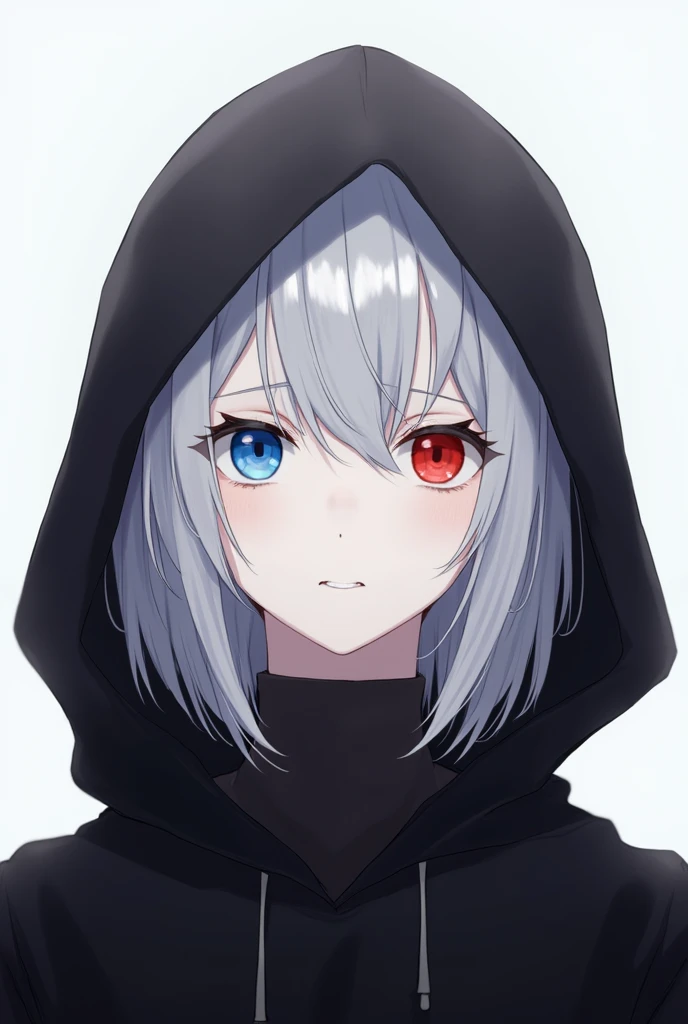 High resolution, Shortcuts, Silver Hair, Odd Eye, Expressionless, Simple Background, Anime Style, blue eyes, Red eyes, Remove the hood,