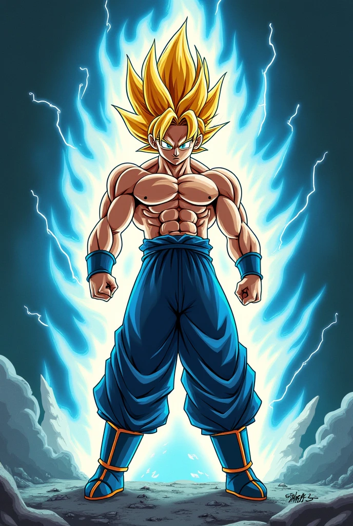 Goku transformed into super saya ton 3 with a matte blue background behind