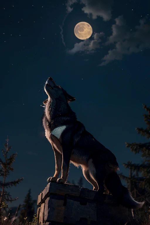 A wolf howling at the moon on a starry night