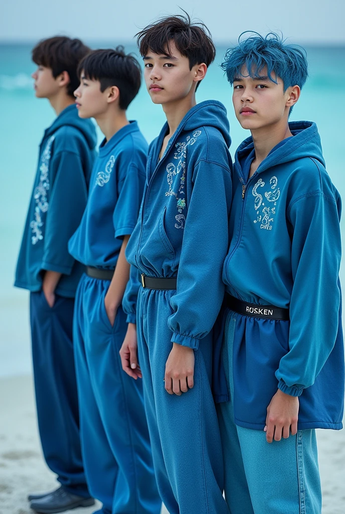 Costumes for  boys.Varied shades of blue: The blue refers to the sea and the drops, as in the song lyrics. Different shades can be used to represent individuality within the same unit..