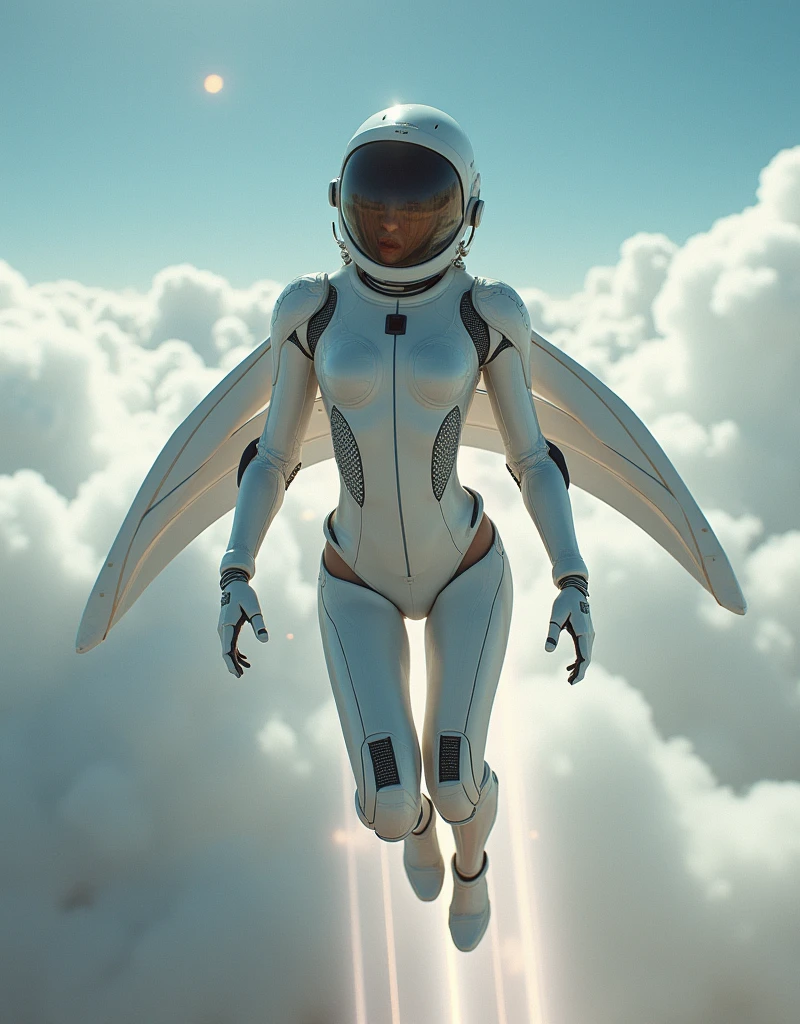 photorealistic image of AI girl in exosuit as supermodel with a jet wings and alien space helmet soaring to the sky leaving light trail behind her, intricate detailed, front view, looking forward, low angle shot, karol bak uhd, beautiful digital artwork,