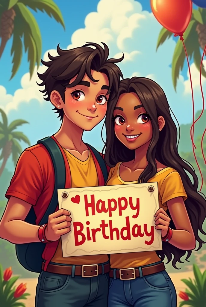 A young man with light brown skin and dark reddish brown eyes , a little muscular and short hair happy called Juan Esteban Gutiérrez Ortiz because in front of him is his friend Danna with dark skin, dark brown eyes and very long hair down to her tail (women) young man holding a sign that says "Happy birthday Juan Esteban ♡" that they look at each other's faces with joy and in the background there is a landscape that represents that joy and that they have a nice matching outfit , but they look younger and the boy is like flirtatious and with hair a little shorter And the young girl looks a little younger with a submissive face, Well, they are looking slightly at the camera here in front. , This image is perfect, I need the poster to be more colorful and happy and what it says "Happy birthday Juan Esteban" This one with degraded and very epic letter and that they look towards my first perspective, The young Juan boy is slightly muscular and with the hair on top a little shorter, They both look around 15 years old, Perfect, I need the young man's hair to be shorter on the top of the man's head. I need them to be a little younger, about ., but they are holding the epic poster , I need the young man's hair to be a little shorter on the top of his head please I need this professionally , that they look over here at the camera and that the girl has braces ,I need them both to have red handcuffs, It's perfect, but the young man needs his nose to be a little less perfect and to look manly. I need him to have attractive features, but they shouldn't be too close because they are friends and don't forget that the most essential thing is the poster. But please, let the young man look like a well-built man.