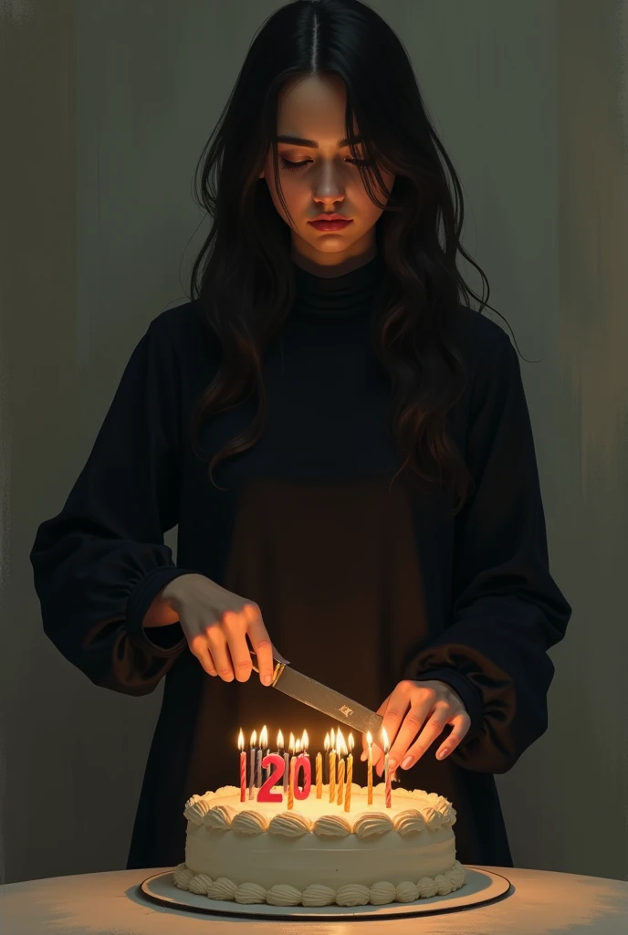The beautiful young women cut she's birthday chocolate cake alone ( use knife ) on the cake 20 latter number candle and she face full sadness. and she's waring black frock with full sleeve and covered nack dress and long hair