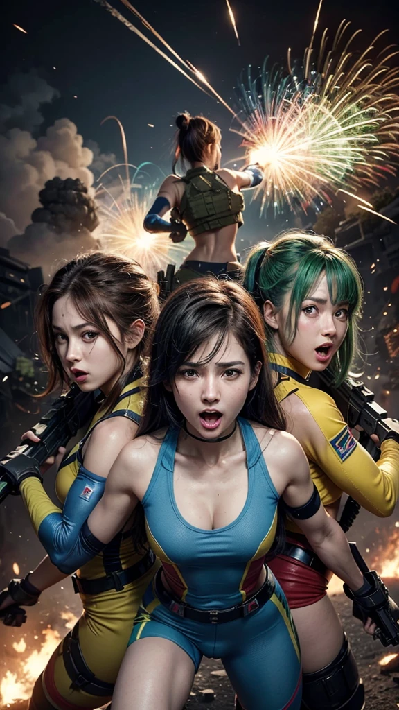 4 soldier women, each one by their respective color, blue, red, yellow and green, 3D anime style, vibrant, war, scream, fit, explosions, beauty woman, pretty, guns