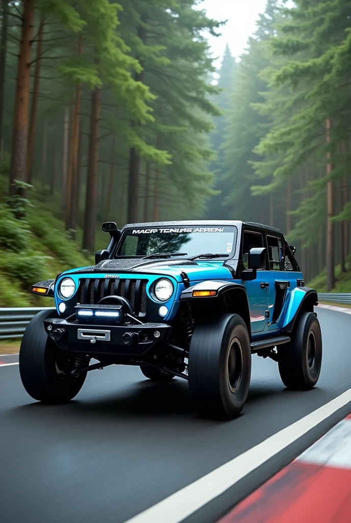 Mahindra Thar cyber body kit 
blue and black in race track
 along with trees